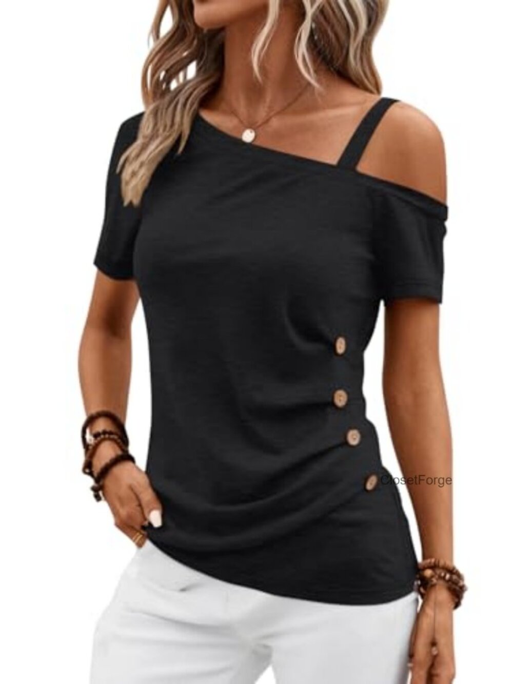 Off Shoulder Blouse Short Sleeve Button Down